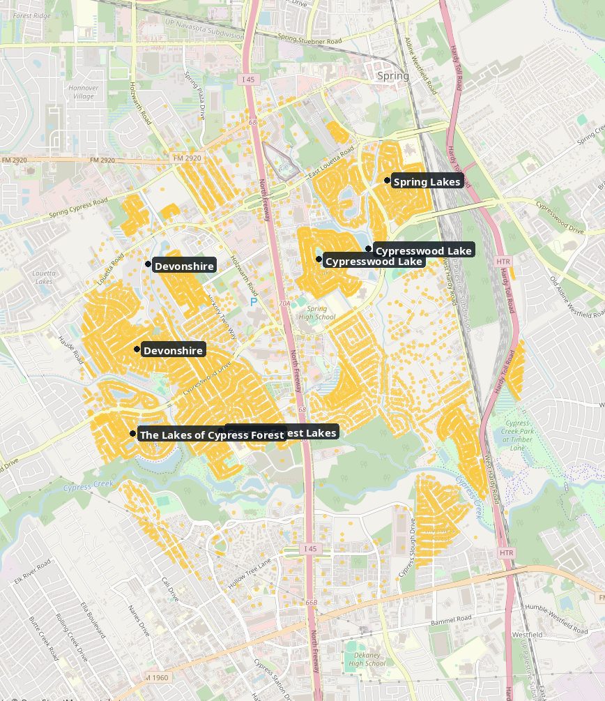 Map of Harris County showing hail reports; heaviest hail near Devonshire, Around Enchanted Oaks Dr, Cypress Forest Lakes.